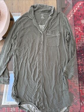 Auden Olive Green Striped Button-Down Sleep Shirt